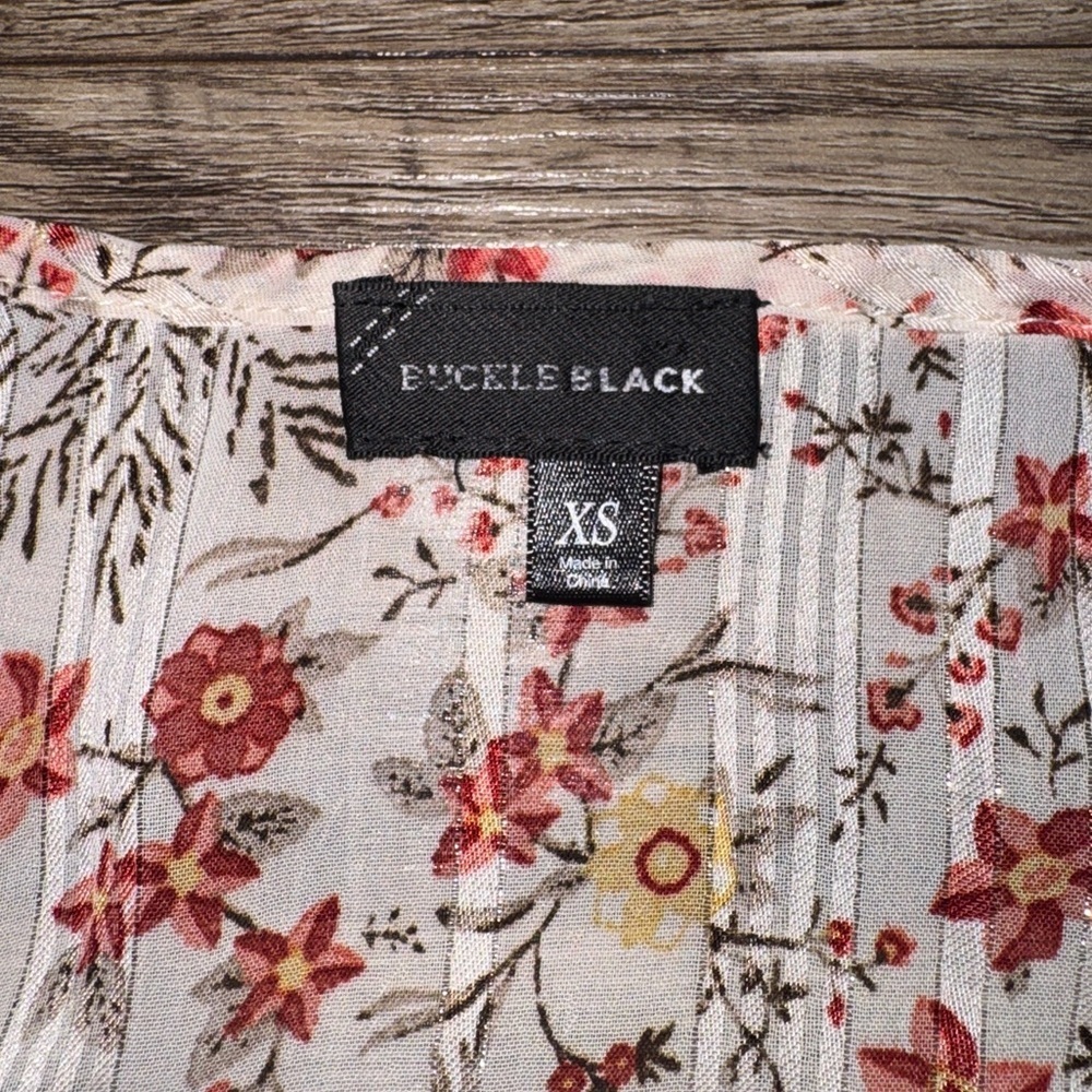 Buckle Black Floral Boho Peplum Blouse Tassel Tie Smocked Top XS - Picture 3 of 7